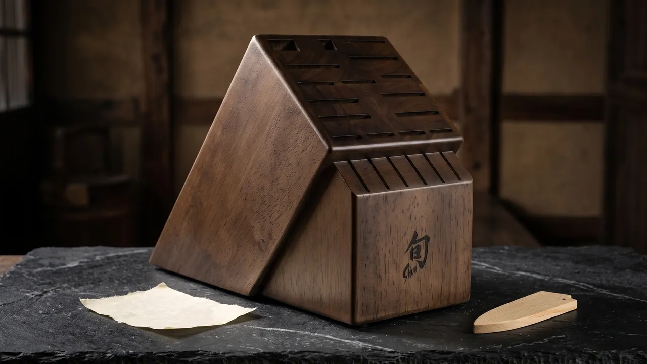 Bloque Shun de 22 ranuras en madera oscura sobre pizarra con vetas, con un fragmento de washi y una pequeña pieza de saya