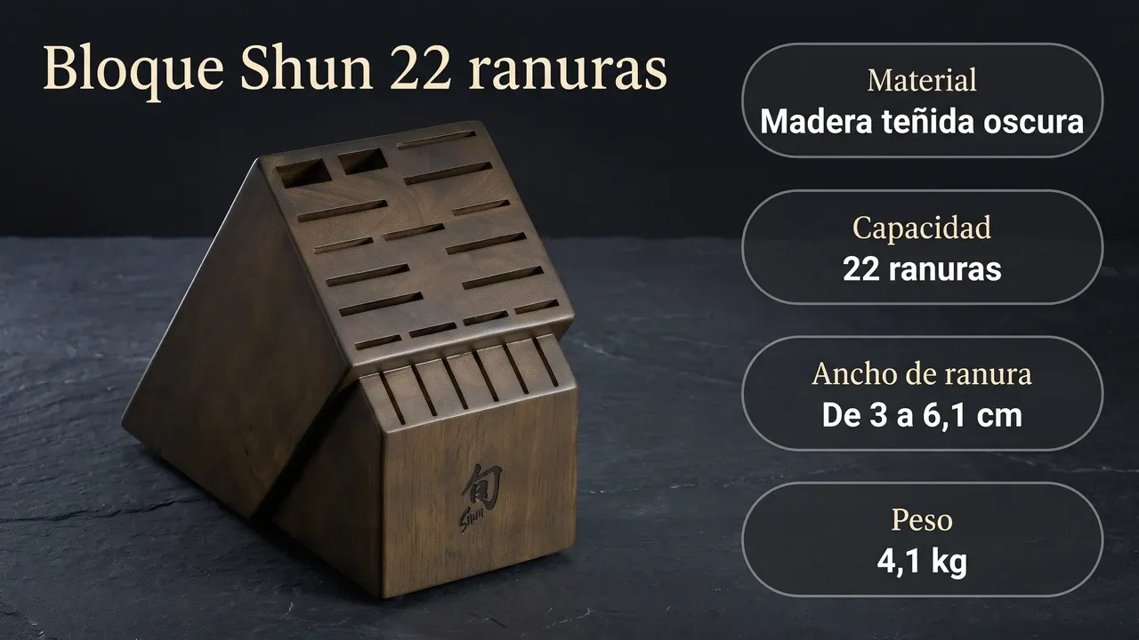 Ficha técnica del bloque KAI Shun DM0854: madera teñida oscura, 22 ranuras de 3 a 6,1 cm de ancho y 4,1 kg de peso