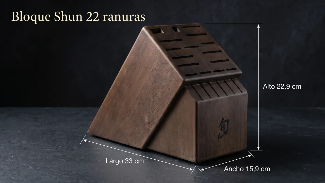 Medidas del bloque KAI Shun DM0854 de 22 ranuras: 33 cm de largo, 15,9 cm de ancho y 22,9 cm de alto, acotado sobre pizarra