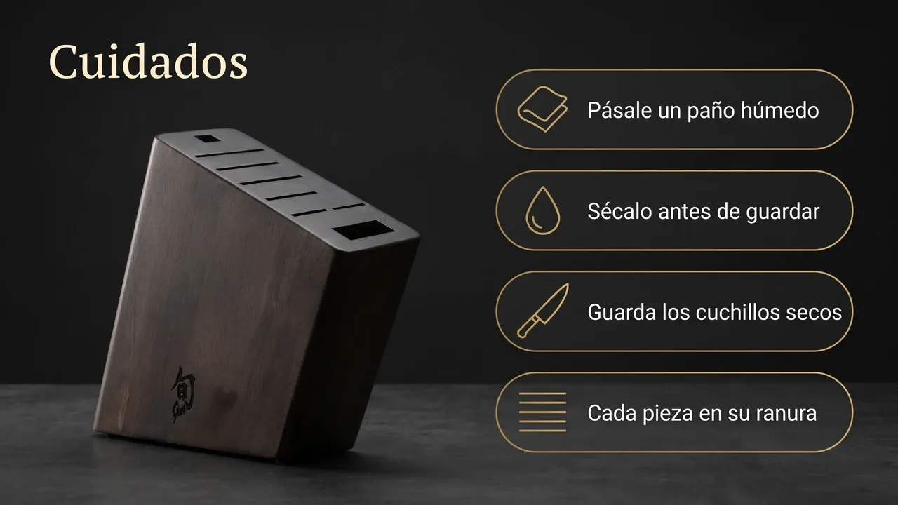 Cuidados del bloque Shun en ángulo de madera oscura: un paño húmedo, secarlo antes de guardar, cuchillos secos y cada pieza en su ranura