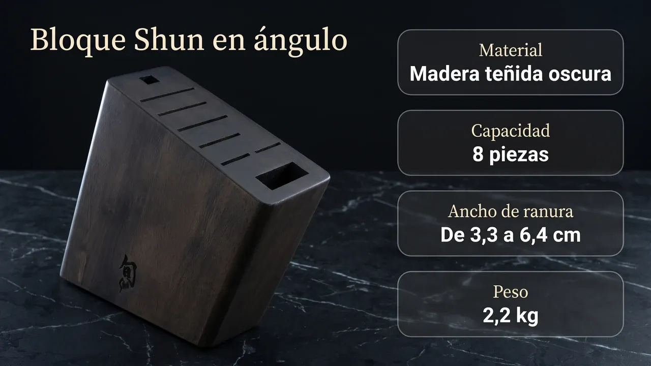 Ficha técnica del bloque KAI Shun DM0839: madera teñida oscura, ocho piezas, ranuras de 3,3 a 6,4 cm de ancho y 2,2 kg