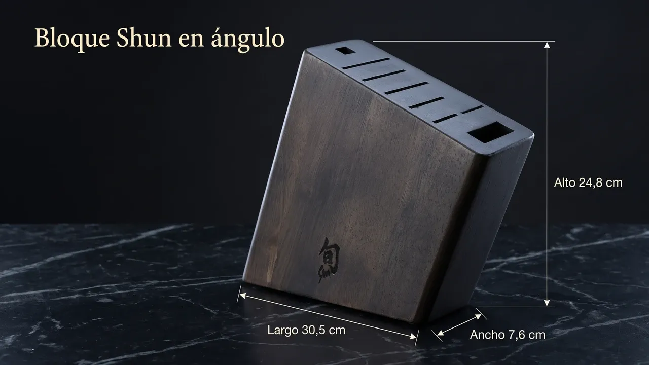 Medidas del bloque KAI Shun DM0839 en ángulo: 30,5 cm de largo, 7,6 cm de ancho y 24,8 cm de alto, acotado sobre mármol negro