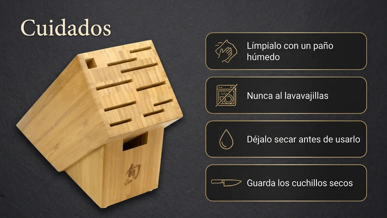 Cuidados del bloque Shun de bambú de 11 ranuras: limpiarlo con un paño húmedo, nunca al lavavajillas, dejarlo secar y guardar los cuchillos secos