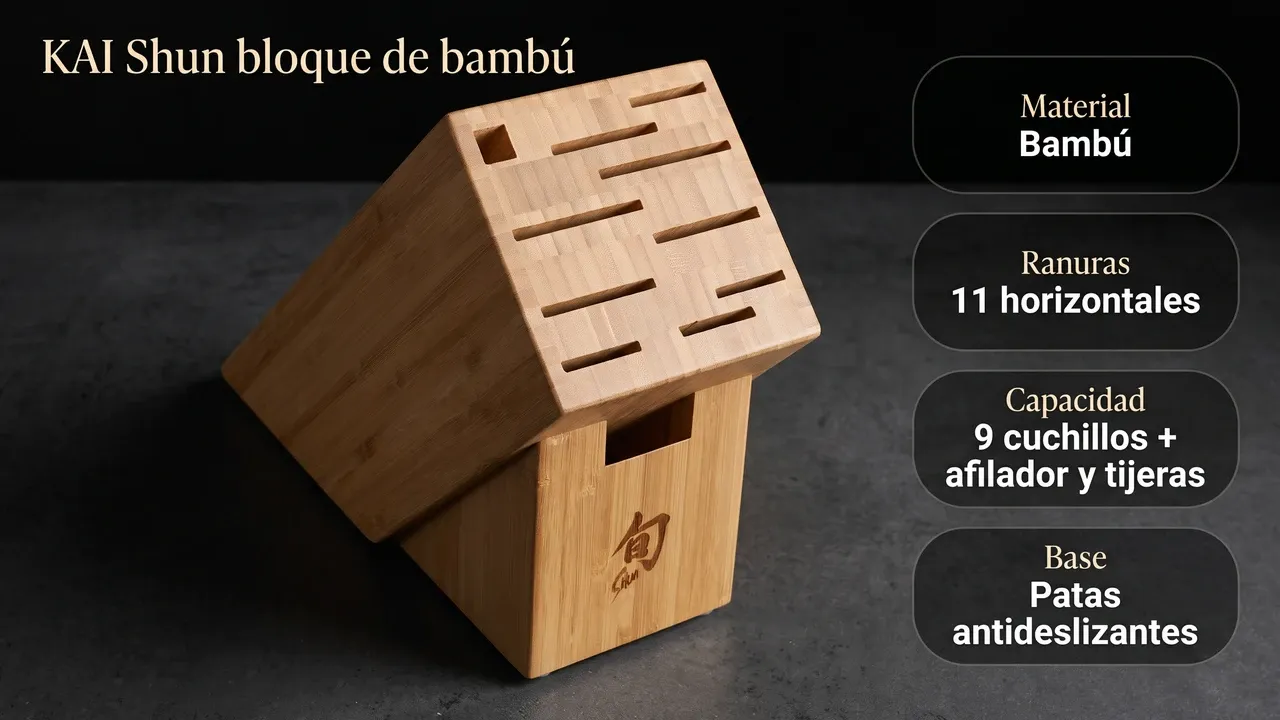 Ficha técnica del bloque KAI Shun DM0831 de bambú: 11 ranuras horizontales, nueve cuchillos más afilador y tijeras, y patas antideslizantes