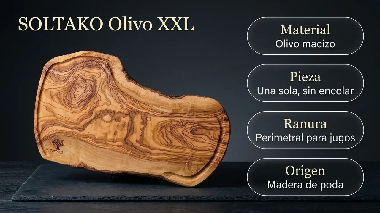 Ficha técnica de la tabla SOLTAKO de olivo: madera maciza de una sola pieza sin encolar, ranura perimetral para jugos y origen en madera de poda