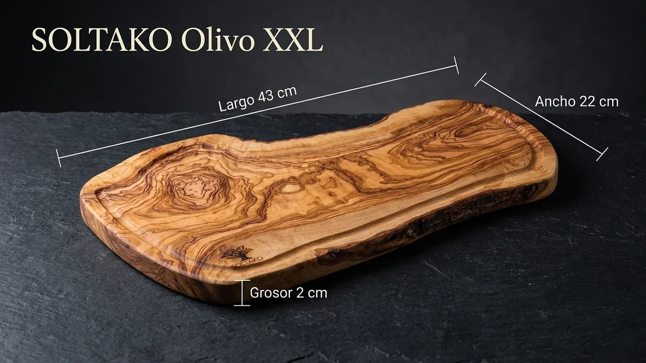 Medidas de la tabla SOLTAKO de olivo macizo: 43 cm de largo, 22 cm de ancho y 2 cm de grosor, con forma natural y ranura perimetral