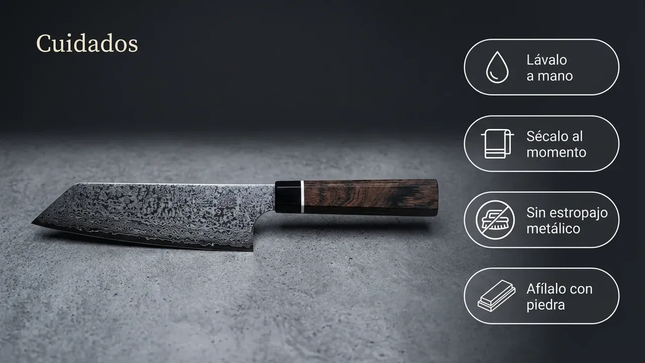 Cuidados del bunka Suncraft Senzo Black: lavar a mano, secar al momento, evitar el estropajo metálico y afilar con piedra al agua