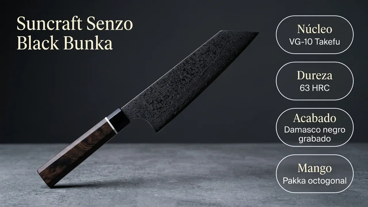 Ficha técnica del bunka Suncraft Senzo Black: núcleo VG-10 de Takefu a 63 HRC, capas de damasco negro grabado y mango de pakka octogonal