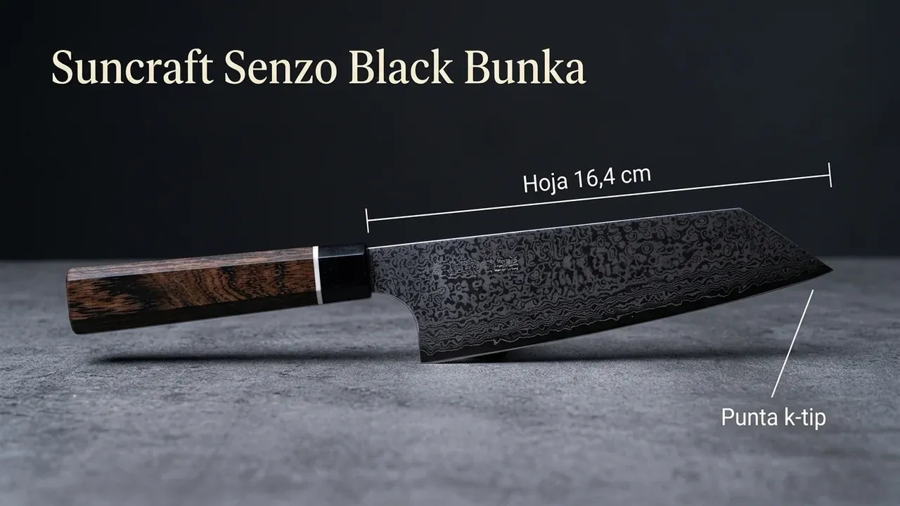 Medidas del bunka Suncraft Senzo Black: hoja de 16,4 cm con punta k-tip y acabado de damasco negro grabado, mango de pakka octogonal