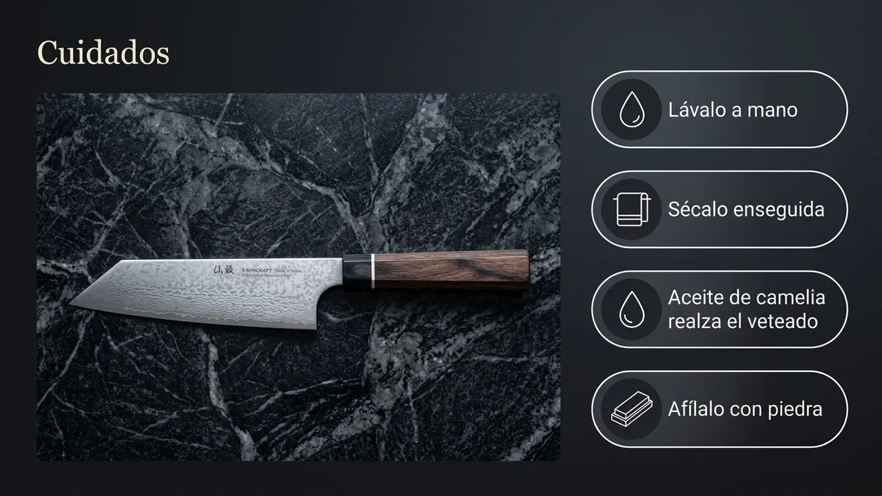 Cuidados del bunka Suncraft VG-10 Damascus: lavar a mano, secar enseguida, aceite de camelia para realzar el veteado y afilar con piedra al agua