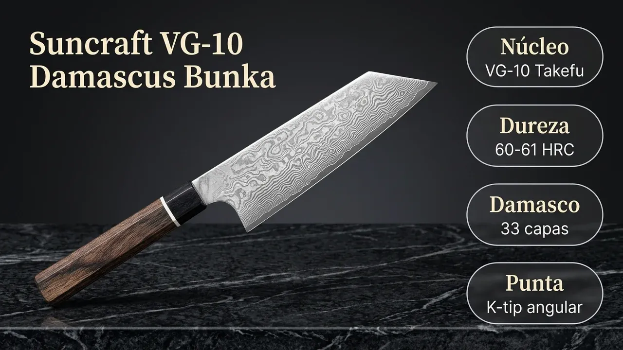Ficha técnica del bunka Suncraft VG-10 Damascus: núcleo VG-10 de Takefu a 60-61 HRC, 33 capas de damasco laminado y punta k-tip angular