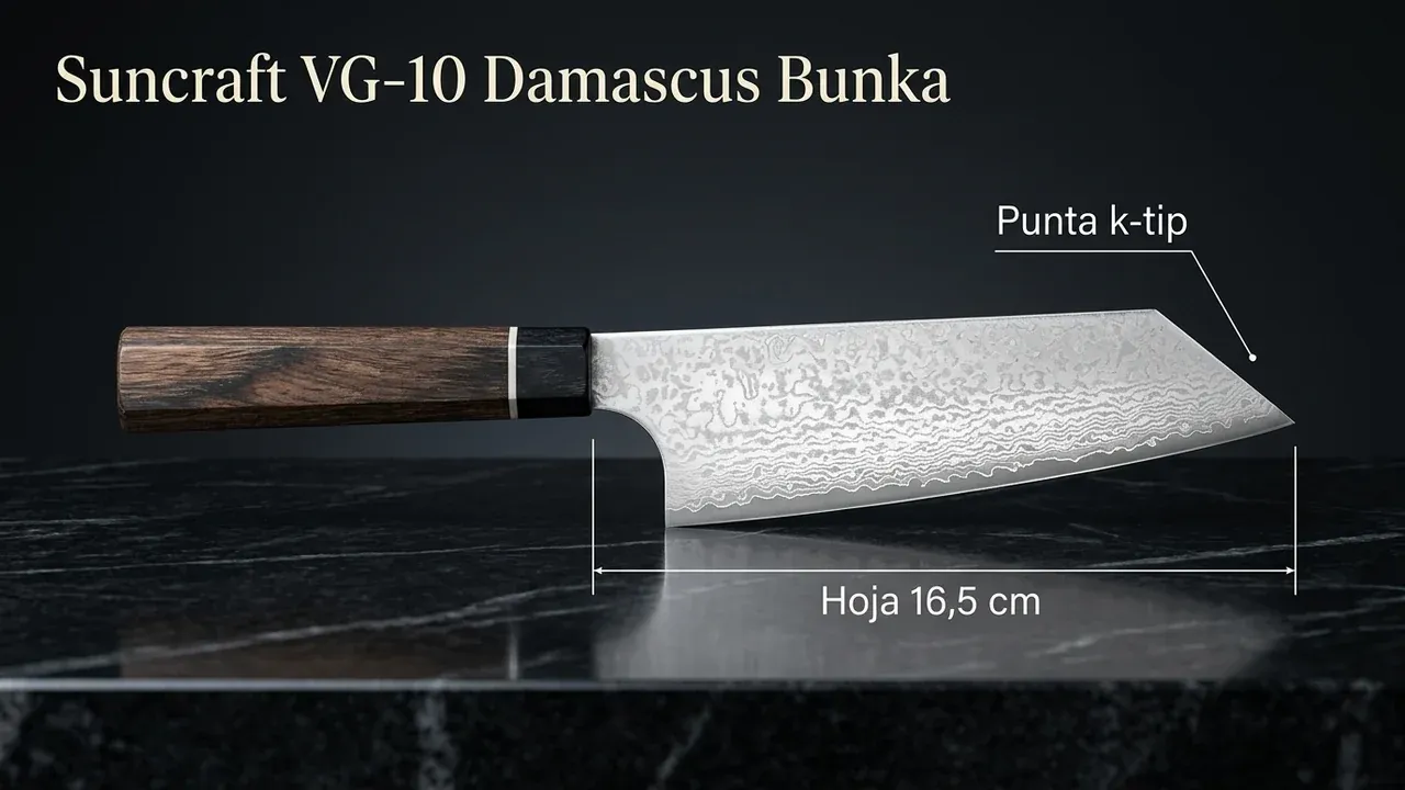 Medidas del bunka Suncraft VG-10 Damascus: hoja de 16,5 cm con punta k-tip y veteado de damasco plateado, mango de pakka octogonal