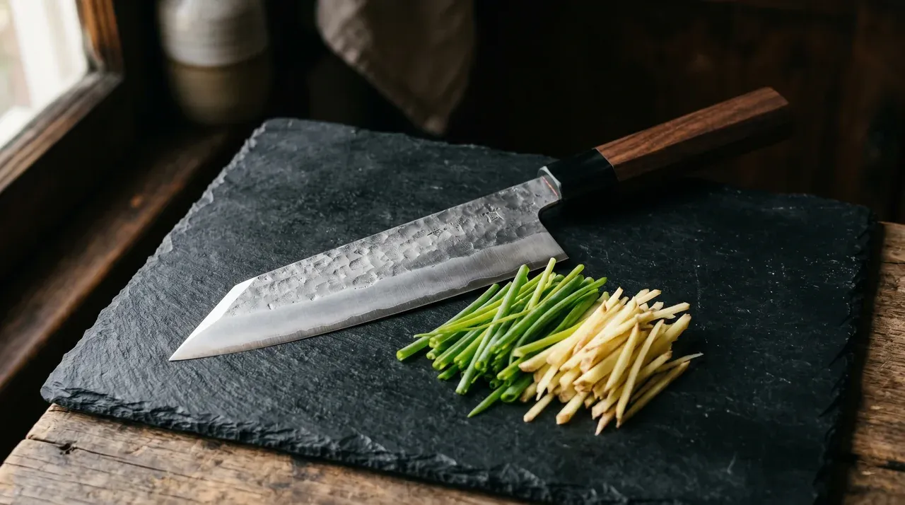 Cuchillo Bunka japonés con punta angular en pico y acabado martillado sobre pizarra negra, junto a cebolleta y jengibre en juliana