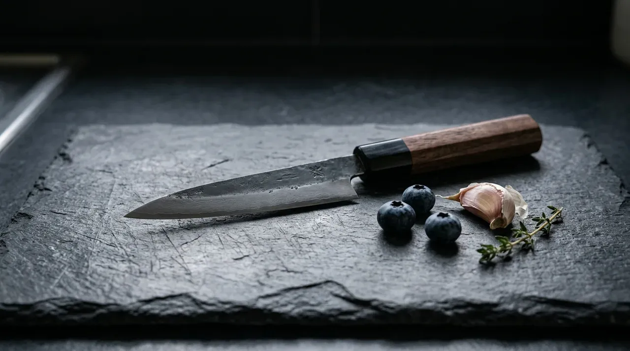 Cuchillo Petty japonés sobre pizarra con arándanos y ajo