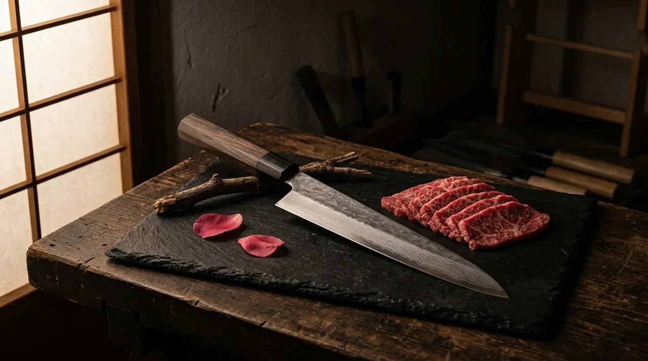 Cuchillo Sujihiki japonés de hoja larga y estrecha con mango wa sobre pizarra negra, junto a lonchas finas de carne roja
