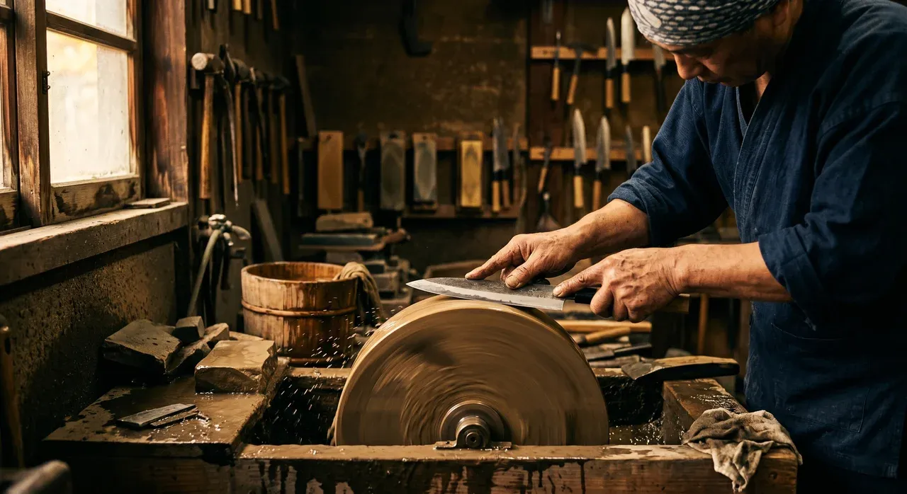 Togishi afilando un cuchillo japonés sobre piedra giratoria en taller tradicional japonés