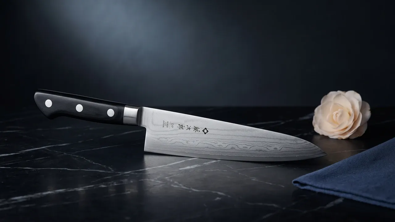 Cuchillo Tojiro DP Damascus Chef 210 mm con la veta del damasco de 37 capas sobre mármol negro, junto a una flor de tsubaki y una esquina de furoshiki índigo