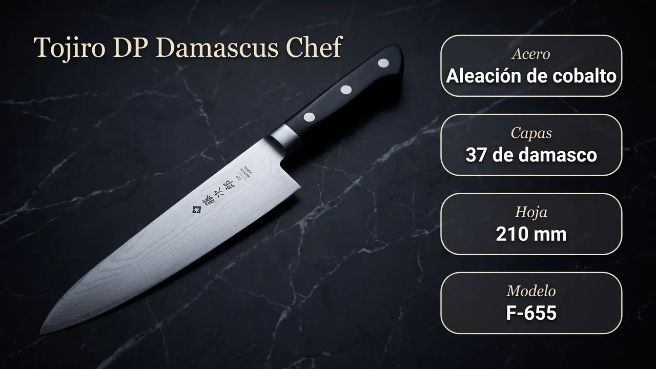 Datos del Tojiro DP Damascus F-655: núcleo de aleación de cobalto, 37 capas de damasco y hoja de 210 mm