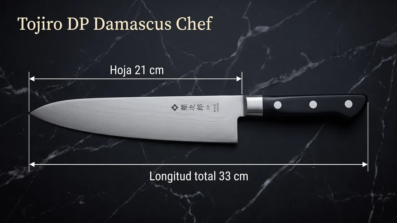 Cotas del Tojiro DP Damascus Chef sobre mármol negro: 21 cm de hoja y 33 cm de longitud total