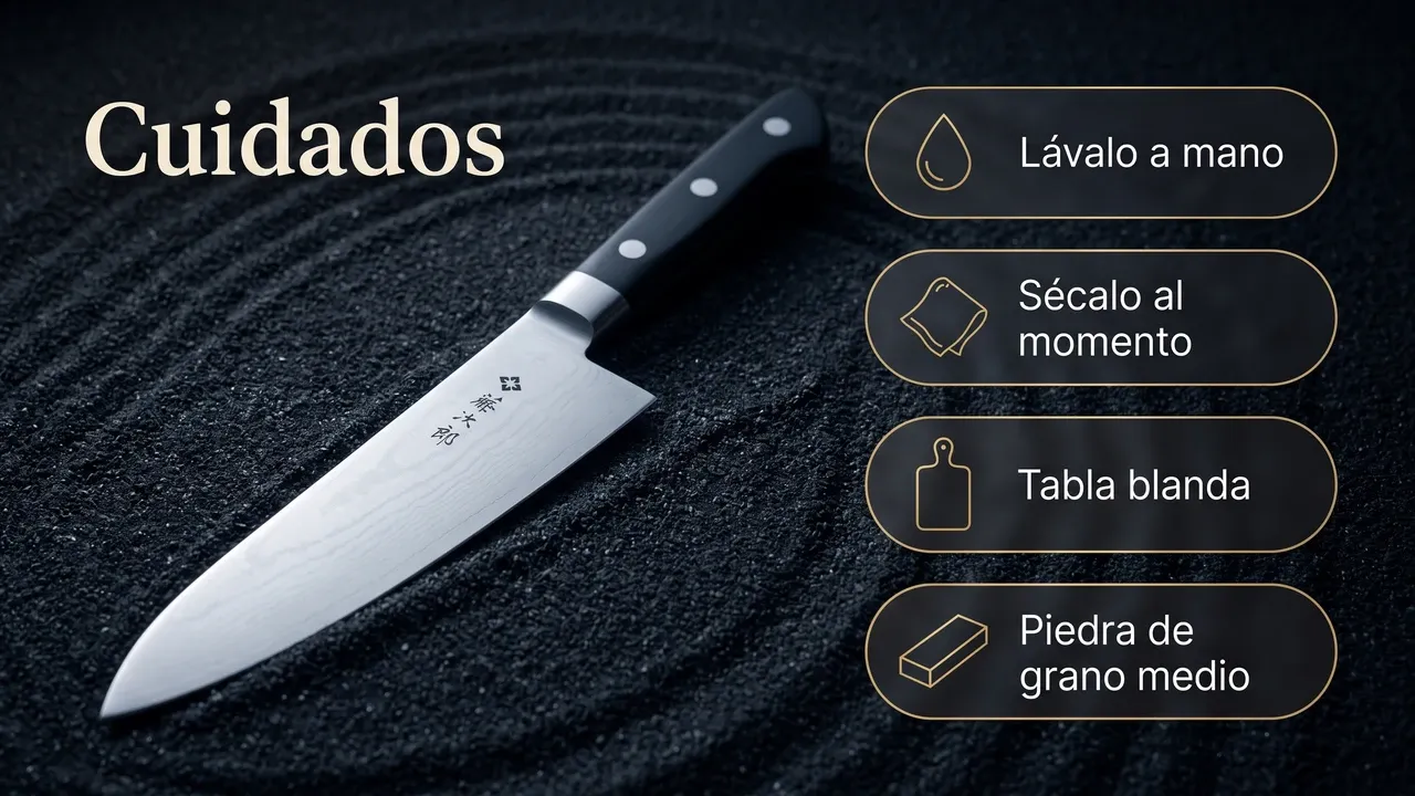Cuidados del Tojiro DP Damascus Chef sobre arena zen: lavado a mano, secado inmediato, tabla blanda y piedra de grano medio