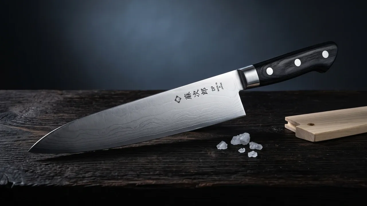 Cuchillo Tojiro DP Damascus Chef 240 mm de hoja larga damasquinada sobre tablón de madera oscura
