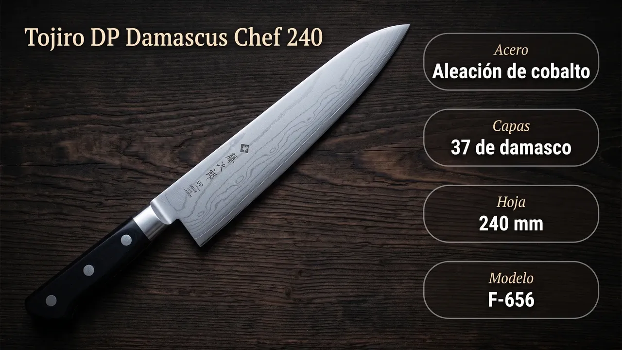 Datos del Tojiro DP Damascus F-656: núcleo de aleación de cobalto, 37 capas de damasco y hoja de 240 mm