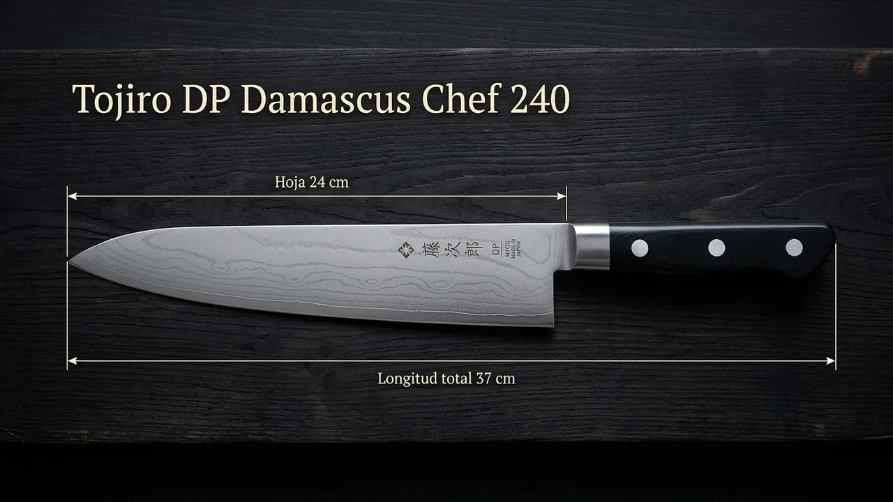 Cotas del Tojiro DP Damascus Chef 240 sobre tablón de hinoki: 24 cm de hoja larga y 37 cm de longitud total