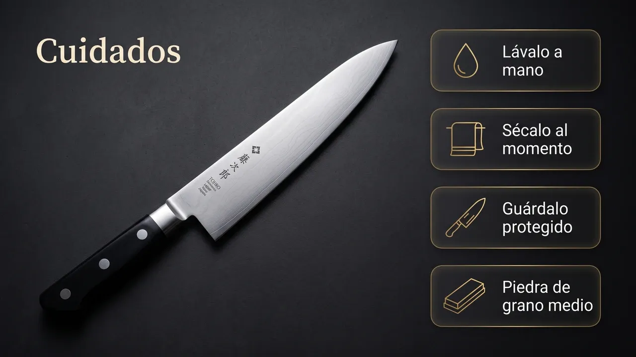 Cuidados del Tojiro DP Damascus Chef 240 sobre cemento pulido: lavado a mano, secado, guardado protegido y piedra de grano medio