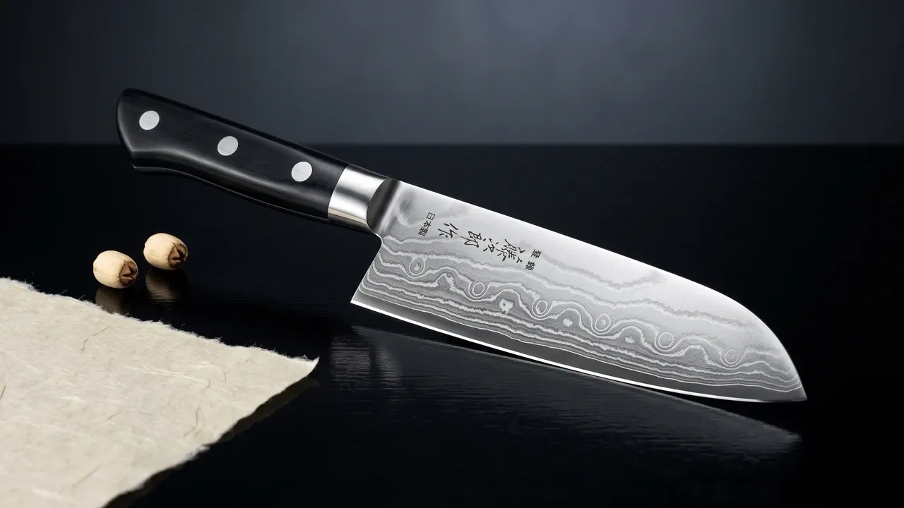 Cuchillo Tojiro Pro Damascus Santoku 170 mm con hoja de 37 capas sobre superficie de laca negra