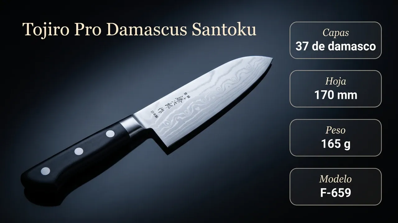 Datos del Tojiro Pro Damascus F-659: 37 capas de damasco visibles, hoja de 170 mm y 165 gramos de peso