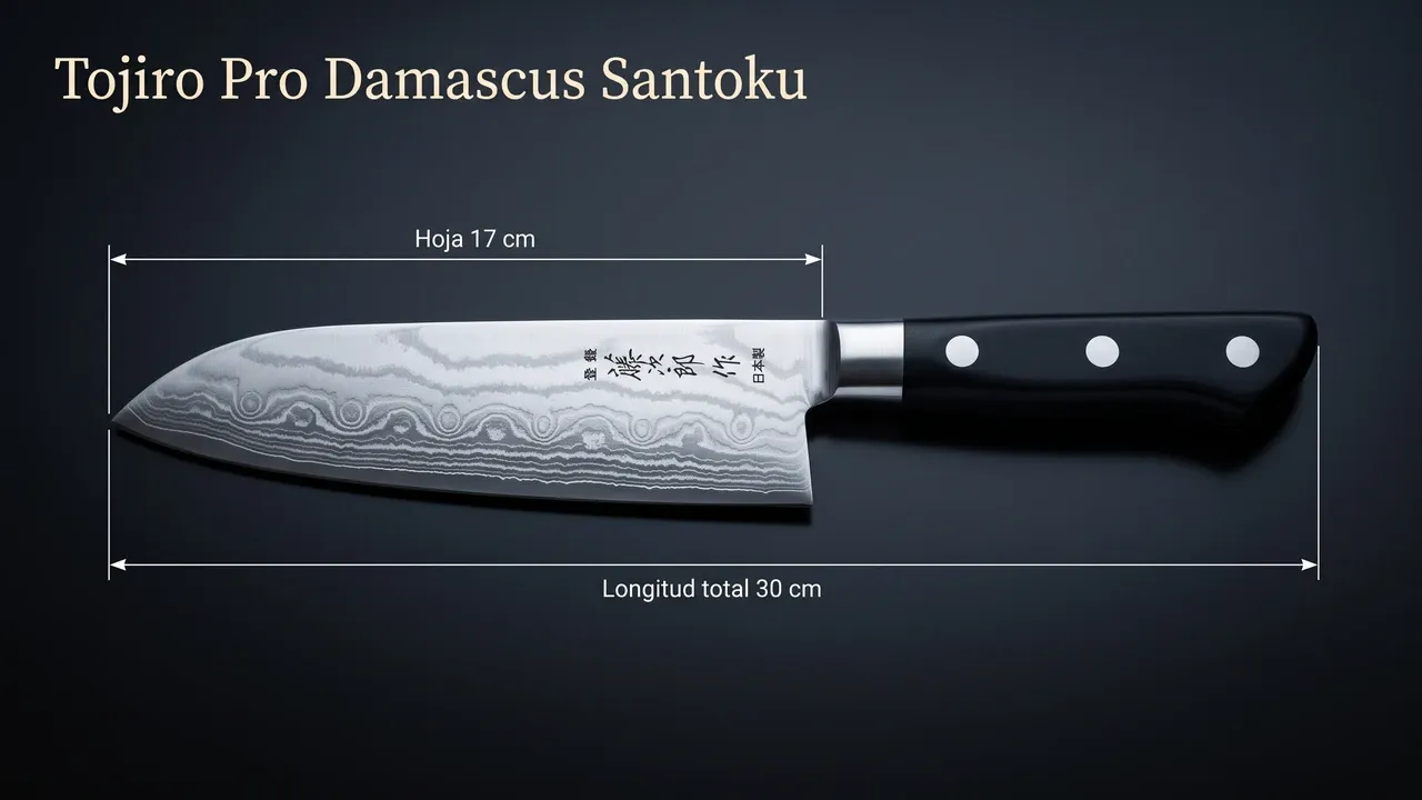 Cotas del Tojiro Pro Damascus Santoku sobre laca negra: 17 cm de hoja y 30 cm de longitud total
