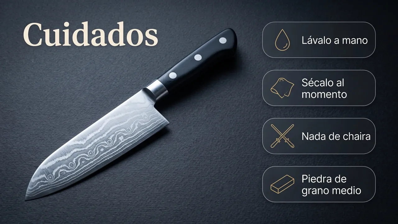 Cuidados del Tojiro Pro Damascus Santoku sobre papel texturado: lavado a mano, secado, nada de chaira y piedra de grano medio