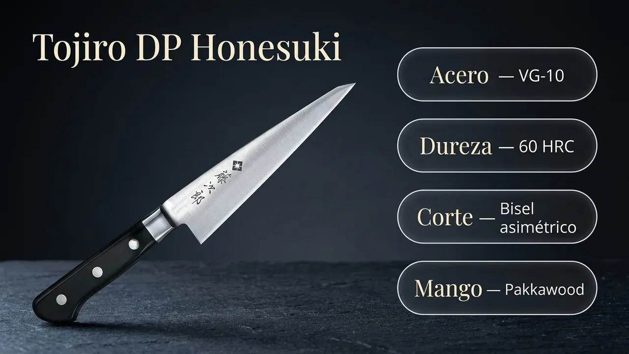 Ficha técnica del Tojiro DP Honesuki: acero VG-10, 60 HRC de dureza, bisel asimétrico y mango de pakkawood negro