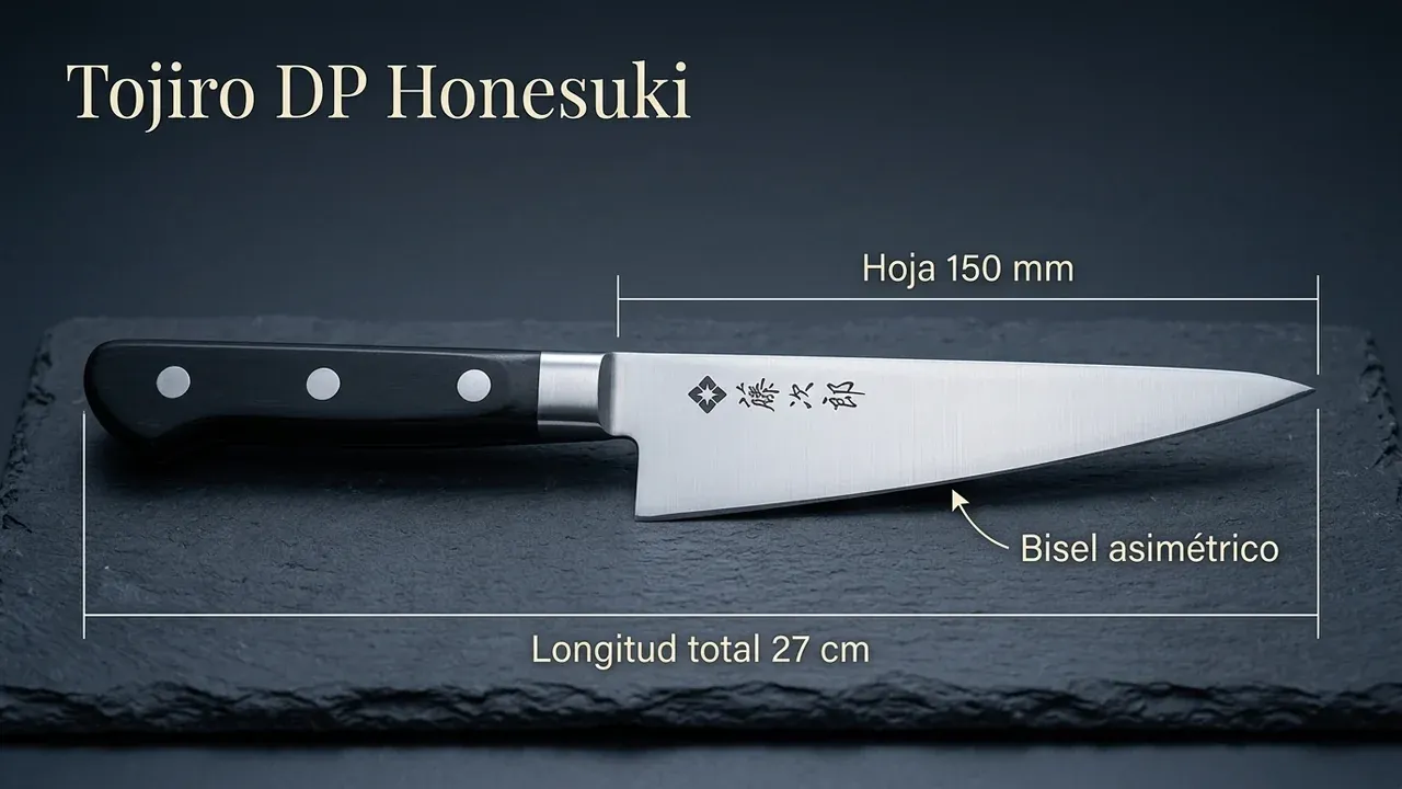 Medidas del cuchillo Tojiro DP Honesuki: 150 mm de hoja triangular, 27 cm de longitud total y bisel asimétrico para el despiece de aves