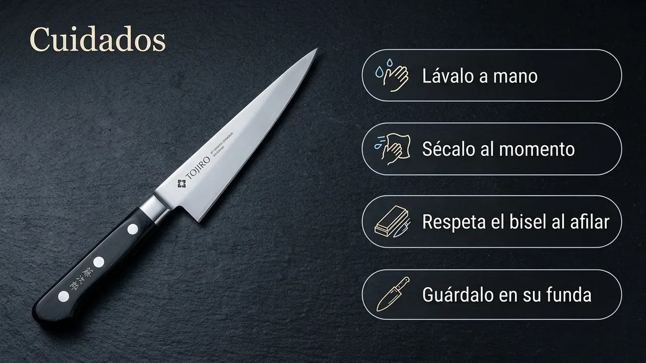 Cuidados del cuchillo Tojiro DP Honesuki: lavar a mano, secar al momento, respetar el bisel asimétrico al afilar y guardar en su funda