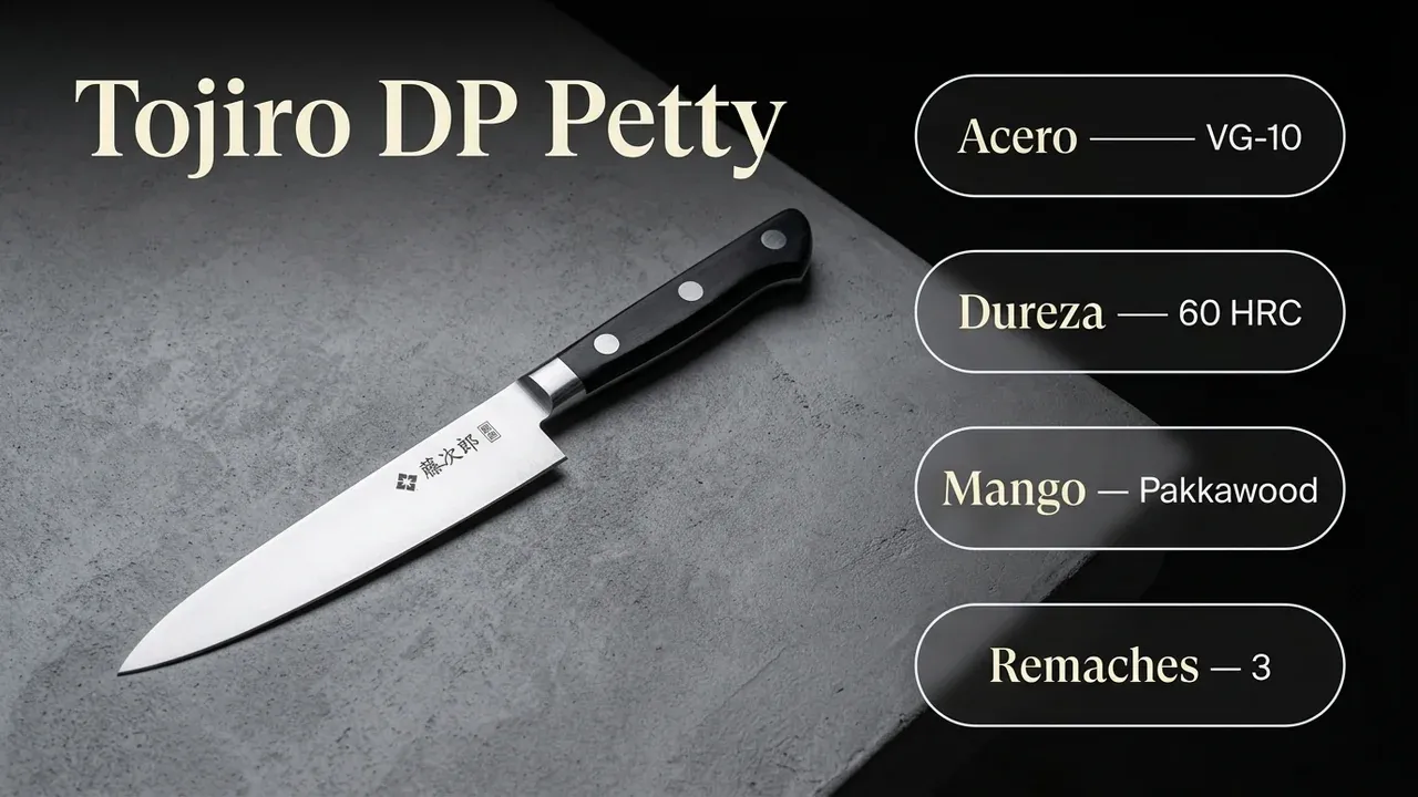 Ficha técnica del Tojiro DP Petty: acero VG-10, 60 HRC de dureza, mango de pakkawood negro y tres remaches