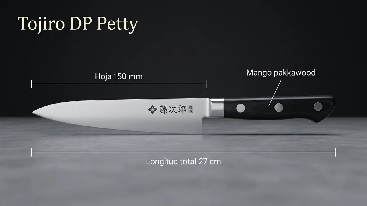Medidas del cuchillo Tojiro DP Petty: 150 mm de hoja, 27 cm de longitud total y mango negro de pakkawood con tres remaches