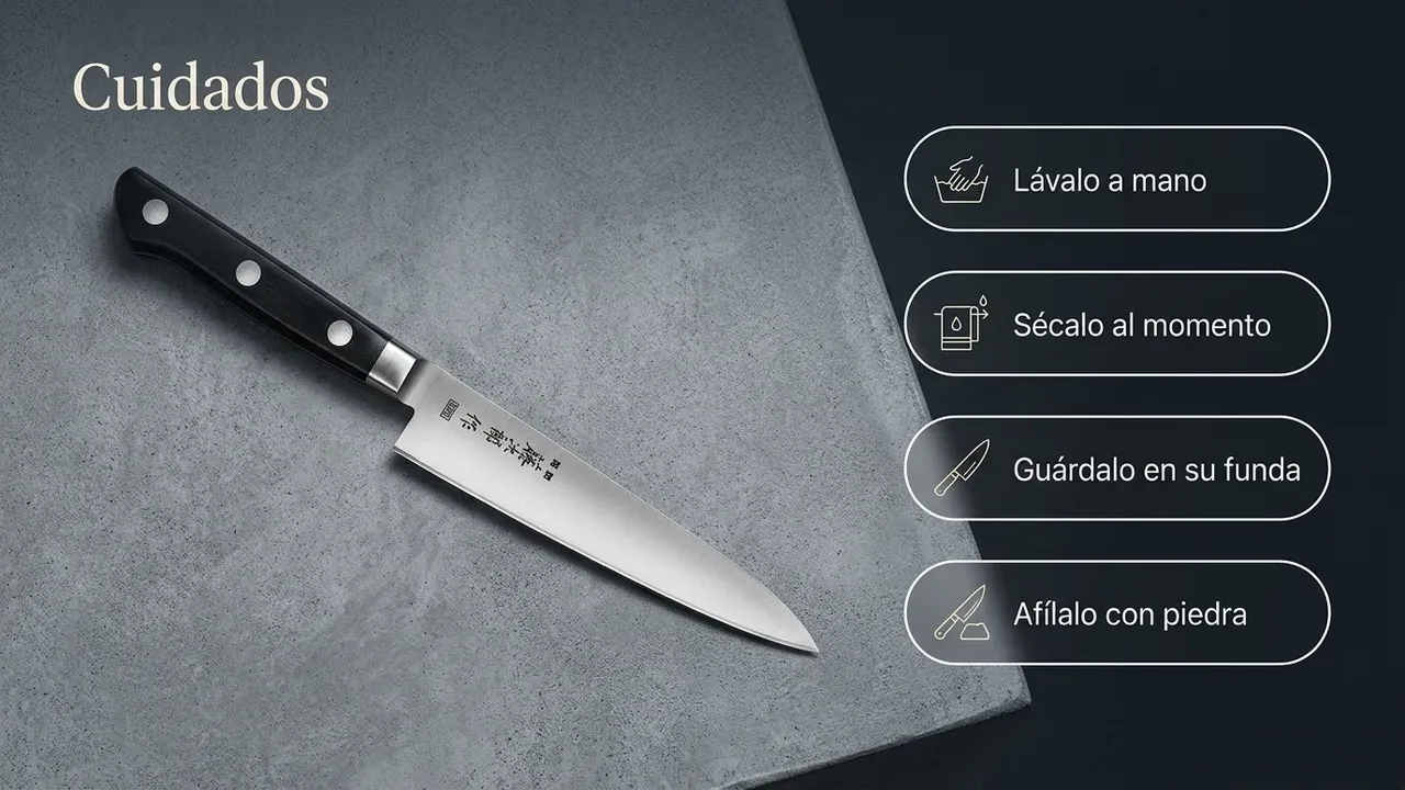 Cuidados del cuchillo Tojiro DP Petty de mango pakkawood: lavar a mano, secar al momento, guardar en su funda y afilar con piedra