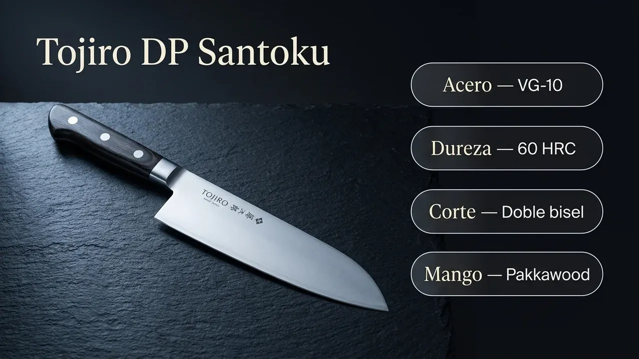Ficha técnica del Tojiro DP Santoku: acero VG-10, 60 HRC de dureza, doble bisel simétrico y mango de pakkawood negro