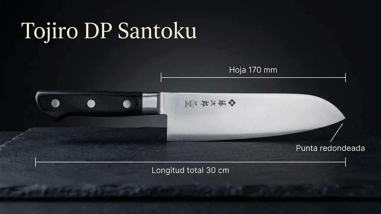 Medidas del cuchillo Tojiro DP Santoku: 170 mm de hoja, 30 cm de longitud total y punta redondeada característica del santoku