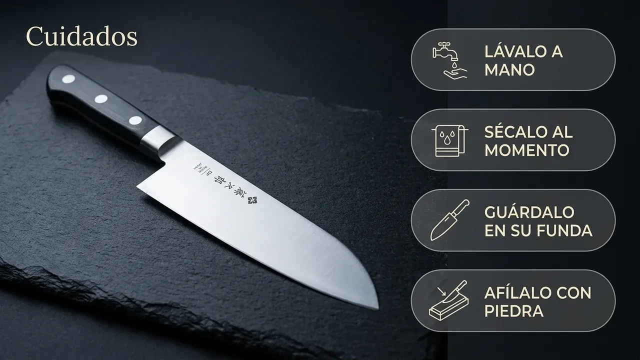 Cuidados del cuchillo Tojiro DP Santoku: lavar a mano, secar al momento, guardar en su funda y afilar con piedra al agua