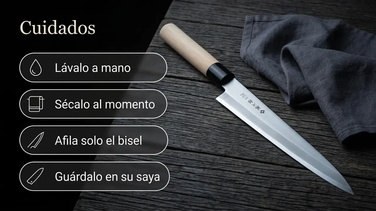 Cuidados del Yanagiba Tojiro F-1059: lavar a mano, secar al momento, afilar solo la cara del bisel y guardarlo en su saya