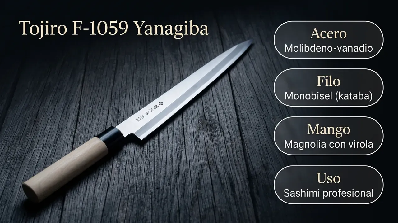 Ficha técnica del Yanagiba Tojiro F-1059: acero molibdeno-vanadio, filo monobisel kataba y mango de magnolia con virola de resina