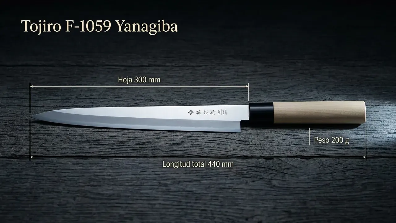 Medidas del Yanagiba Tojiro F-1059: 300 mm de hoja, 440 mm de longitud total y 200 g de peso, con mango wa de magnolia