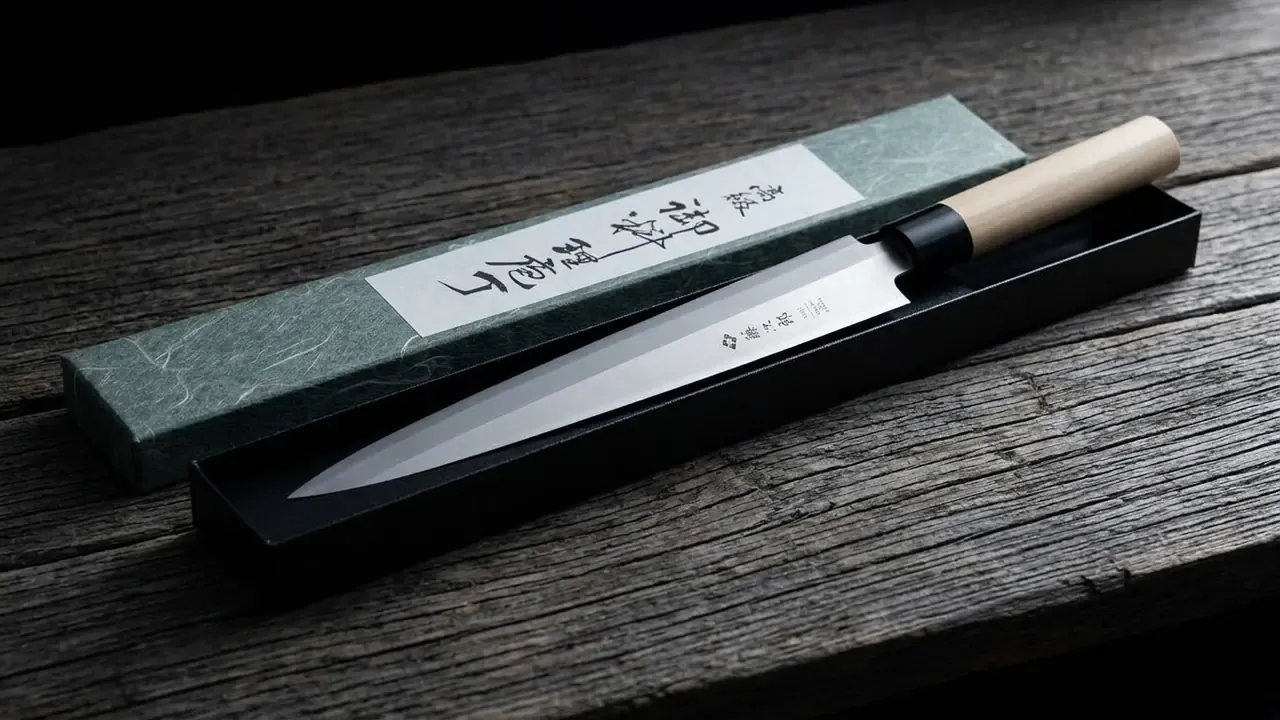 Cuchillo Yanagiba Tojiro F-1059 de 300 mm dentro de su estuche negro con funda de papel washi verde y caligrafía japonesa