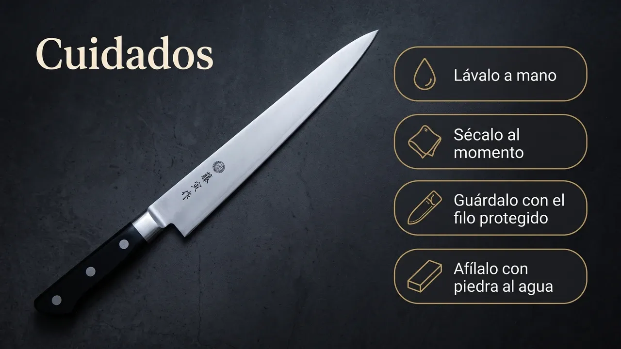 Cuidados del cuchillo Tojiro Fujitora Sujihiki: lavarlo a mano, secarlo al momento, guardarlo con el filo protegido y afilarlo con piedra al agua