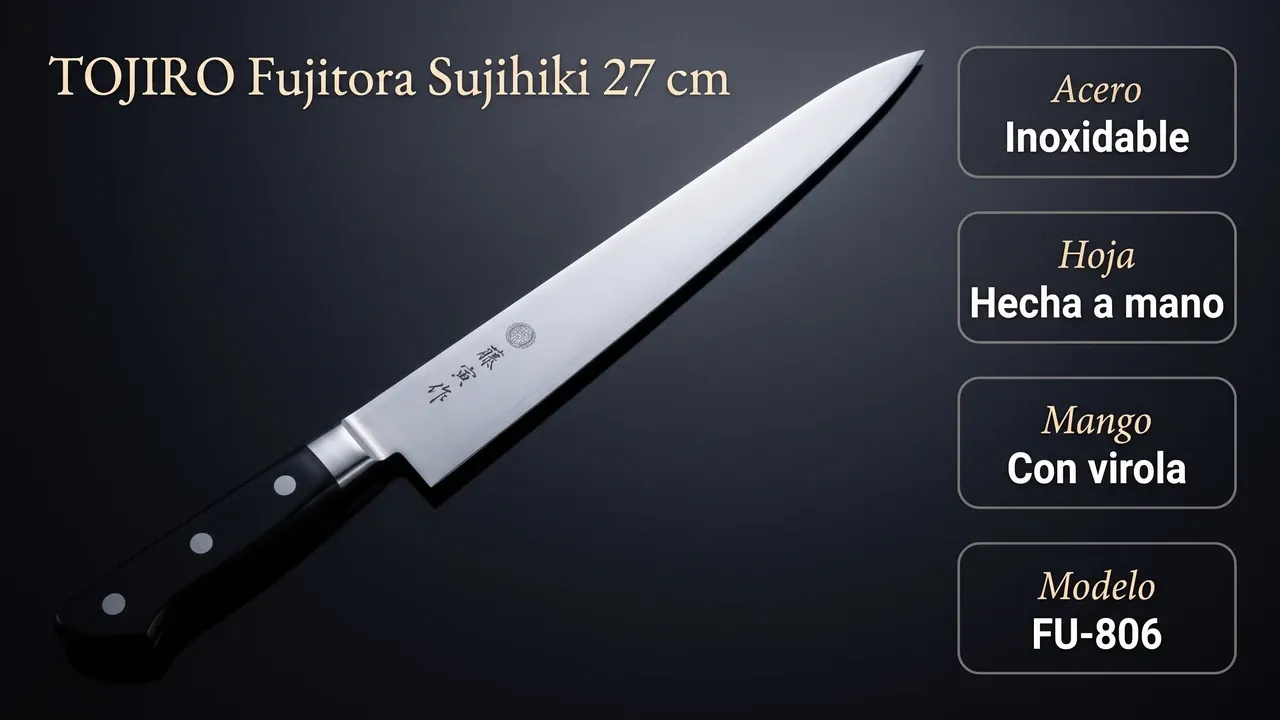 Datos técnicos del Tojiro Fujitora Sujihiki FU-806 sobre laca negra: acero inoxidable, hoja hecha a mano y mango con virola