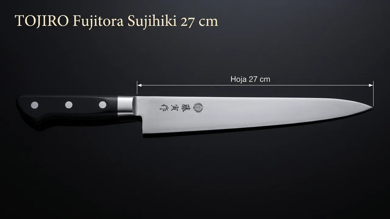 Medidas del cuchillo Tojiro Fujitora Sujihiki: hoja de 27 cm acotada desde la virola hasta la punta, sobre laca negra