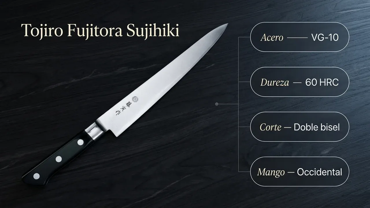 Ficha técnica del Tojiro Fujitora Sujihiki: núcleo VG-10 en San Mai, 60 HRC de dureza, doble bisel y mango occidental con virola