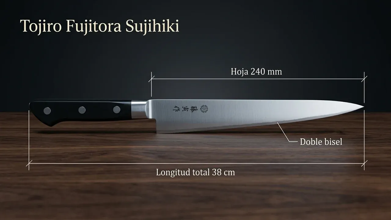 Medidas del cuchillo Tojiro Fujitora Sujihiki: 240 mm de hoja larga y estrecha, 38 cm de longitud total y doble bisel para lonchear